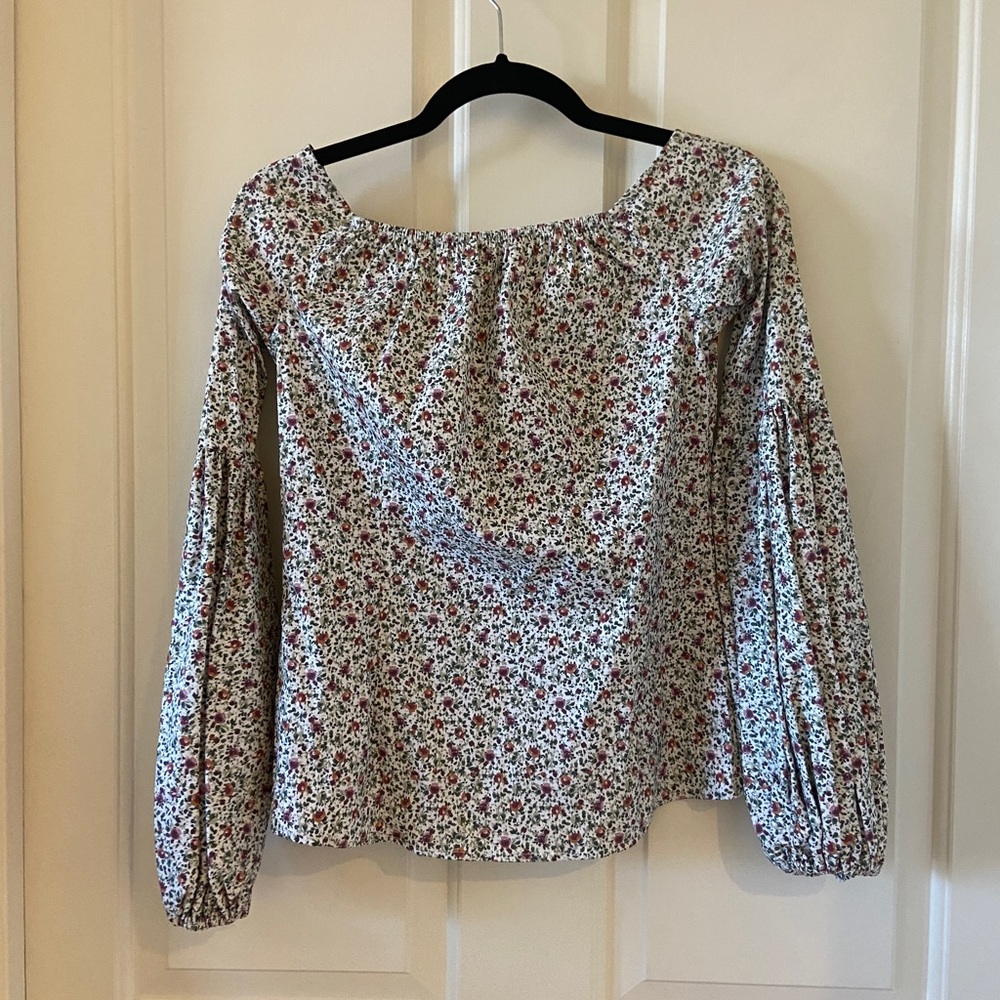 CAROLINE CONSTAS FLORAL COTTON OFF SHOULDER BALLOON SLEEVE TOP BLOUSE MEDIUM - Picture 2 of 4